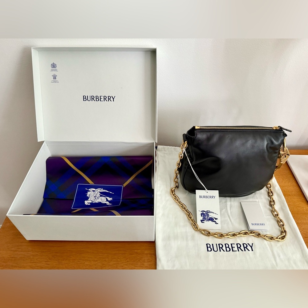 Burberry Black Leather Shoulder Bag with Gold Chain